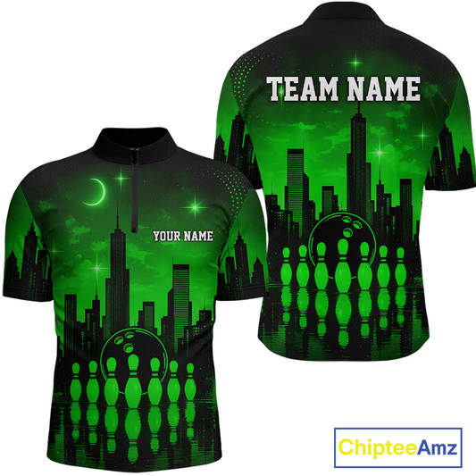 Green Bowling Custom Men Bowling Shirt Polo & Quarter-Zip Bowling Team Jerseys HNT66