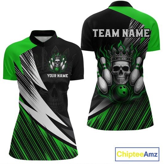 Green Skull Crown Bowling Custom Women Bowling Shirt Polo & Quarter-Zip Bowling Team Jerseys HNT65