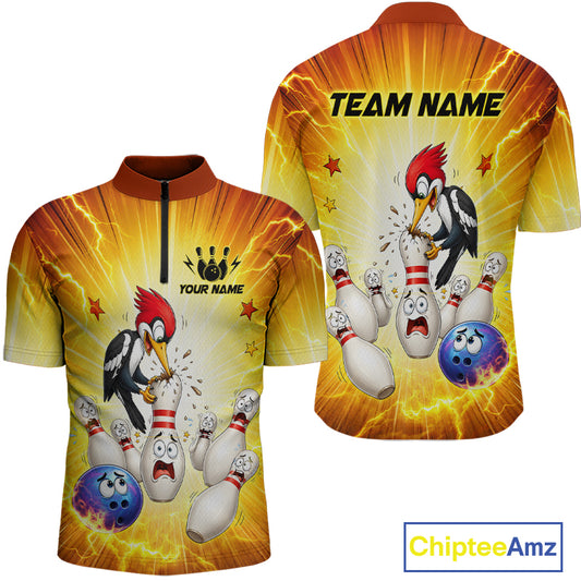 Bowling-themed shirt with cartoon woodpecker and bowling pins, customizable with team name and player name, brand 'Chiptee Amz' visible.