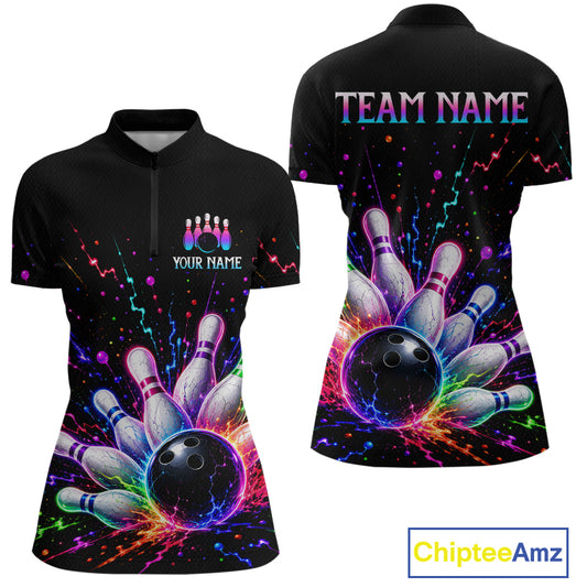 Black bowling-themed shirt with colorful design and customizable text on a white background