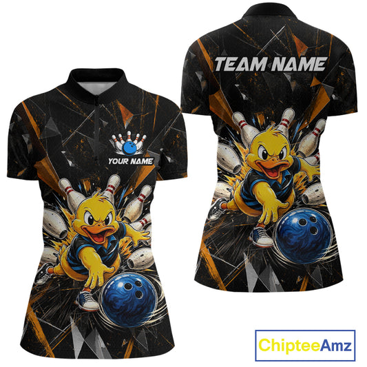 Front and back view custom black duck bowling quarter-zip shirt featuring a playful cartoon with bowling ball, bowling pins and orange cracked lightning design, personalized with team name and player name