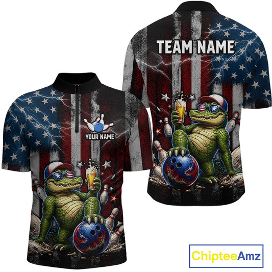Custom American Flag Funny Beer Bowling Shirt for Men Patriotic Bowling Jersey Polo & 1/4-Zip QZT1023