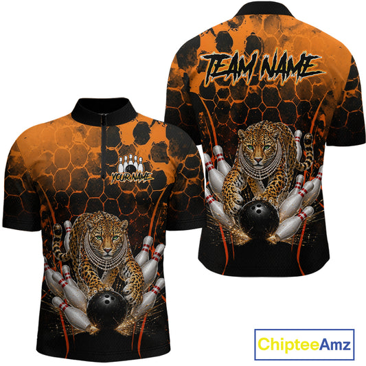 Orange Diomond Leopard Bowling Shirt for Men Custom Bowling Jersey Polo & Quarter-Zip QZT1028