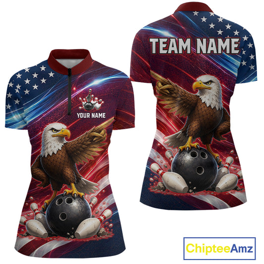 Custom American Flag Eagle Bowling Shirt for Women Patriotic Bowling Jersey Polo & Quarter-Zip QZT1030