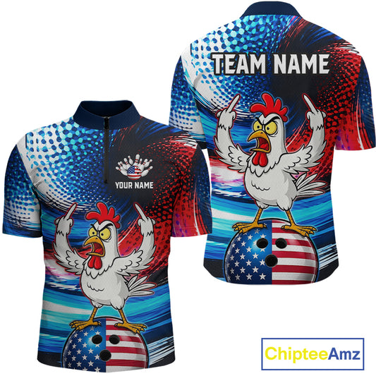 Custom American Flag Chicken Bowling Shirt for Men Patriotic Bowling Jersey Polo & Quarter-Zip QZT1031