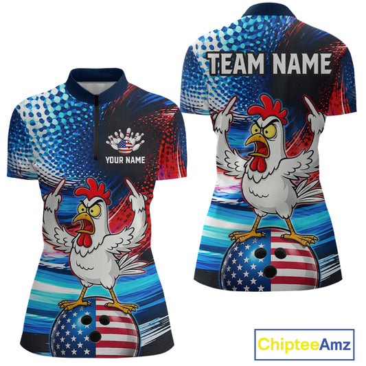 Custom American Flag Chicken Bowling Shirt for Women Patriotic Bowling Jersey Polo & Quarter-Zip QZT1031