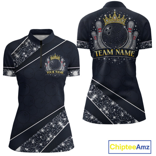 Custom Navy Bowling Shirts with Rhinestones for Women King Bowling Polo & Quarter-Zip Bowling Outfit QZT922