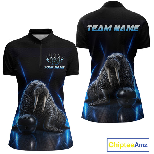 Neon Blue Walrus Bowling Shirt for Women Bowling Jersey Polo & Quarter-Zip Outfit QZT1061