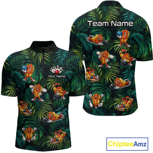 Tropical-themed shirt with cartoon characters and customizable text on a white background