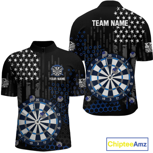 Custom darts quarter-zip jersey for men with grey American flag design and dartboard graphic, personalized team name and player name by ChipteeAmz