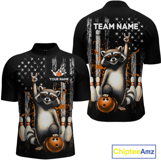 Two views of american flag shirt with raccoon design and customizable text on a white background