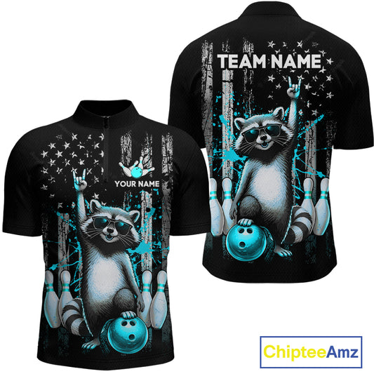 Two views of American flag quarter-zip shirt with raccoon design and customizable text on a white background