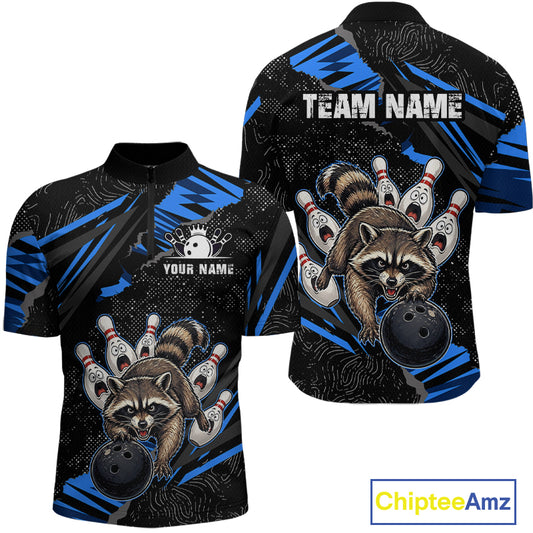 Personalized Blue Raccoon Bowling Shirt for Men Bowling Jersey League Polo & 1/4-Zip Outfit QZT1014