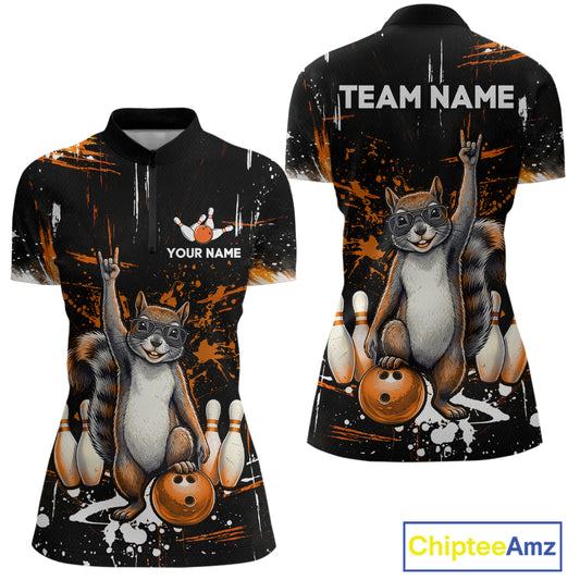 Custom Orange Funny Squirrel Bowling Shirt for Women Bowling Team League Polo & Quarter-Zip QZT982