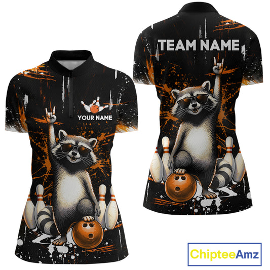 Orange Funny Raccoon Bowling Team Shirt Customized Bowling League Polo & 1/4 Zip Gift for Women QZT852