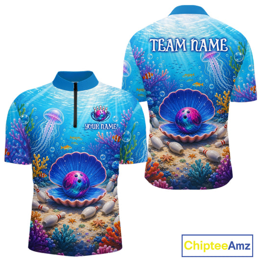 Colorful ocean-themed shirt with pearl design on a white background