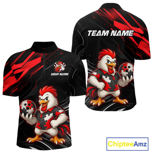 Custom Red Funny Autism Chicken Bowling Shirt for Men Bowling League Jersey Polo & Quarter-Zip QZT1018