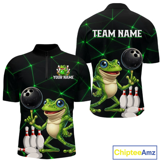 Green Funny Frog Bowling Shirt for Men Custom Bowling Jersey Polo & 1/4 Zip QZT1024