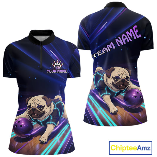 Funny Pug Dog Bowling Team Shirt for Women Custom Bowling Jersey Polo & 1/4-Zip Bowling Unisex QZT908
