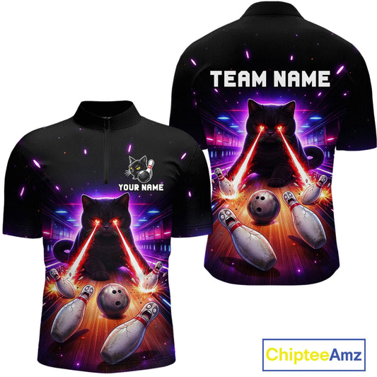Custom Alien Cat Bowling Team Shirt for Men UFO Bowling League Jersey Polo & Quarter-Zip Bowling Outfit QZT989