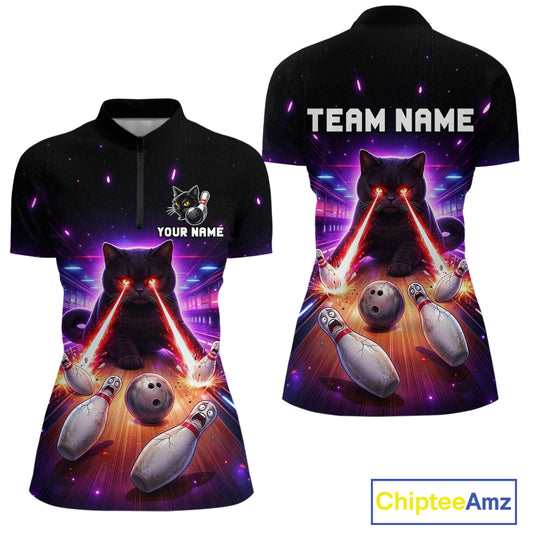 Custom Alien Cat Bowling Team Shirt for Women UFO Bowling League Jersey Polo & Quarter-Zip Bowling Outfit QZT989
