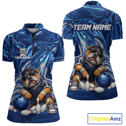 Custom Blue Funny Bulldog Bowling Team Shirt Bowling Jersey Polo & 1/4 Zip Bowling Unisex for Women QZT912