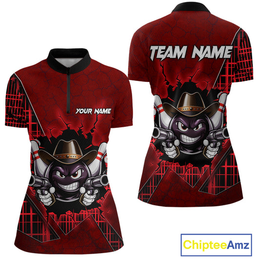 Custom Red Funny Cowboy Gun Bowling Shirt for Women Bowling Team Jersey Bowling Polo & Quarter-Zip QZT915