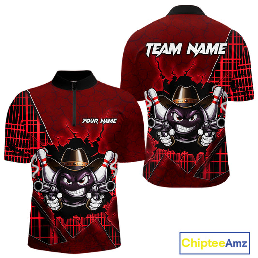 Custom Red Funny Cowboy Gun Bowling Shirt for Men Bowling Team Jersey Bowling Polo & Quarter-Zip QZT915