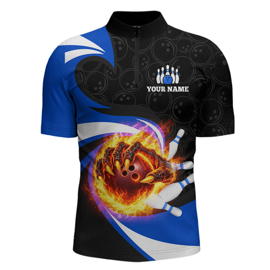 Personalized Blue Flame Demon Hand Bowling Shirt for Men Bowling Outfit Polo & Quarter-Zip Bowling Jersey QZT867