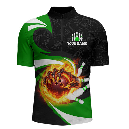 Personalized Green Flame Demon Hand Bowling Shirt for Men Bowling Outfit Polo & Quarter-Zip Bowling Jersey QZT867