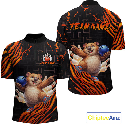 Orange Funny Wombat Bowling Shirt for Men Custom Bowling Jersey Polo & Quarter-Zip Bowling Outfit QZT923