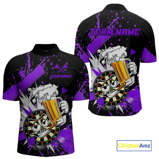 Front and back views of a black short-sleeve performance quarter-zip jersey signs, featuring a cartoon dartboard character holding a beer mug, customizable text placeholders, and a ChipteeAmz logo in the bottom right corner.