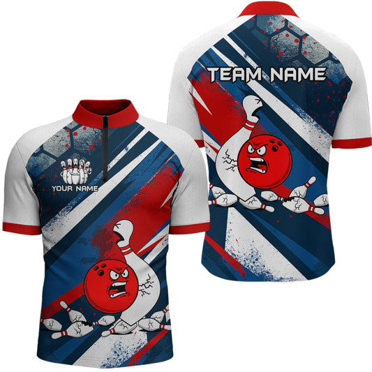 Red Blue & White Crazy Bowling Ball Pin Men Bowling Team Shirt Bowling League Jersey QZT814