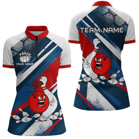 Red Blue & White Crazy Bowling Ball Pin Women Bowling Team Shirt Bowling League Jersey QZT814