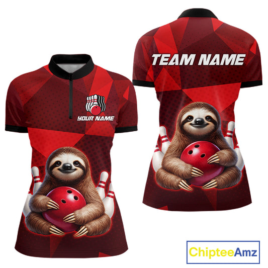 Red Funny Sloth Bowling Shirt for Women Custom Bowling Jersey Polo & Quarter-Zip Bowling Outfit QZT995