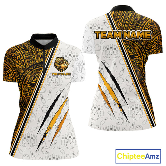 Custom yellow tribal tiger bowling quarter-zip shirt, front and back views, bowling league jersey for women