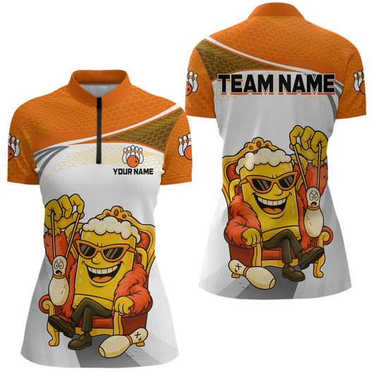 Custom Funny Orange Beer Polo Bowling Team Shirt for Women Quarter-Zip Bowling Jersey Outfit QZT820