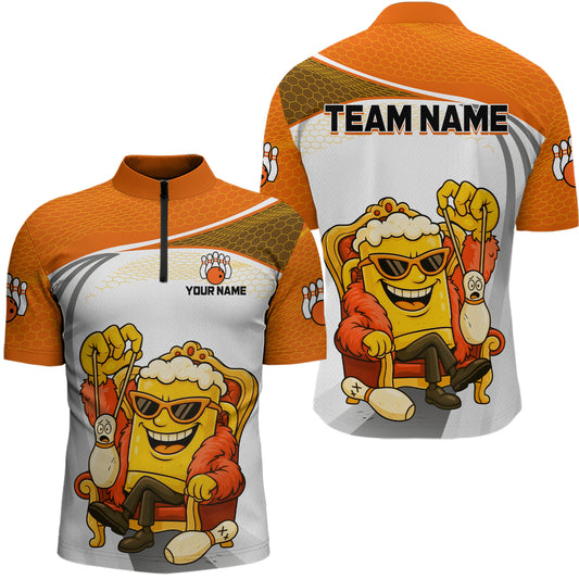 Custom Funny Orange Beer Polo Bowling Team Shirt for Men Quarter-Zip Bowling Jersey Outfit QZT820