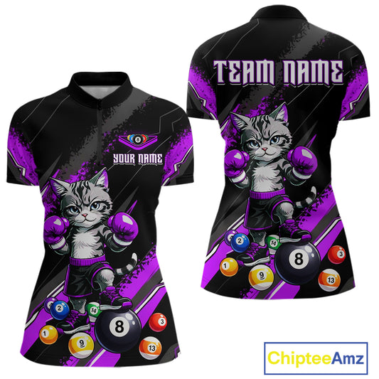 Custom Funny Purple Cat 8 Ball Billiard Shirts for Women Billiard Team Jersey Polo & 1/4 Zip Pool Shirt BHT32