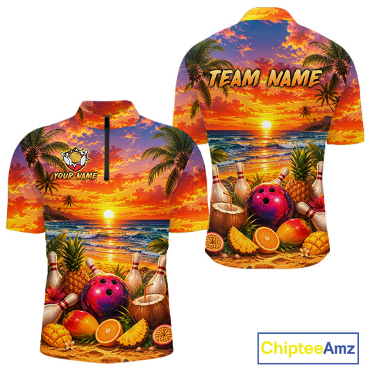 Tropical-themed shirt with beach scene, bowling elements, and 'Chiptee Amz' branding.