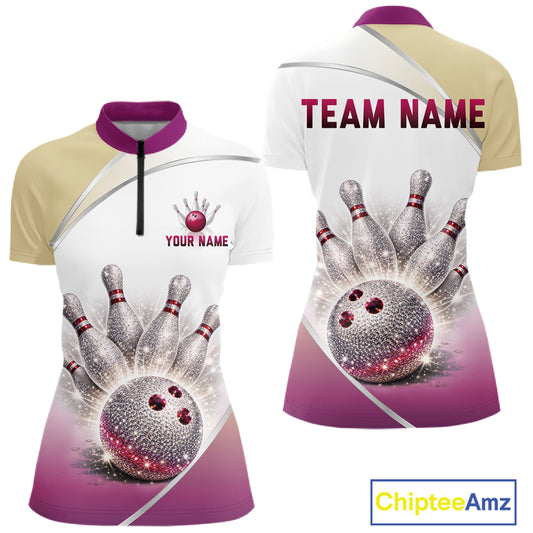 Custom Rhinestone Bowling Shirt for Women Gradient Bowling Team Jersey Polo & Quarter-Zip Bowling Outfit QZT965