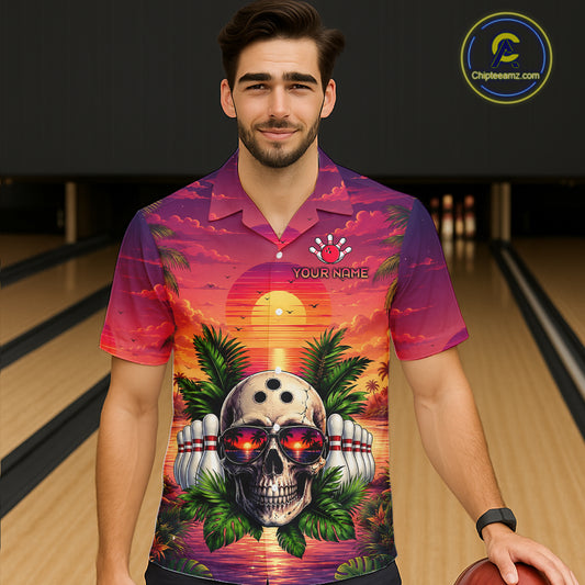 Man wearing a colorful shirt with a skull design in a bowling alley.