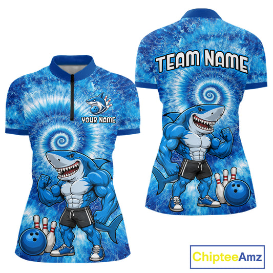Custom Tie Dye Shark Bowling Shirt for Women Funny Bowling Team Jersey Polo & 1/4 Zip QZT1004