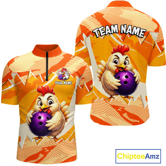 Orange and yellow sports jersey with cartoon chicken holding a bowling ball, personalized text, and Chiptee Amz branding.