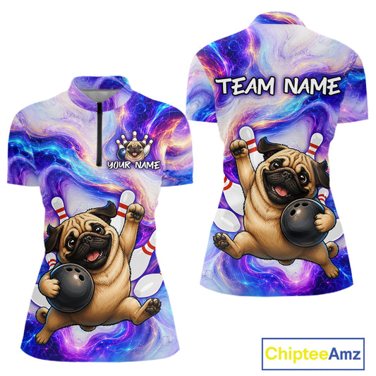Colorful shirt with pug design and customizable text on a white background