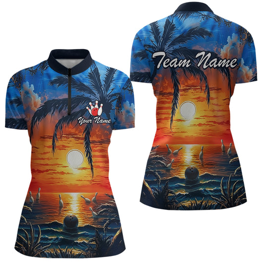 Custom Bowling Jersey Polo & 1/4 Zip Sunset Tropical Sublimated Bowling Shirt for Women QZT836