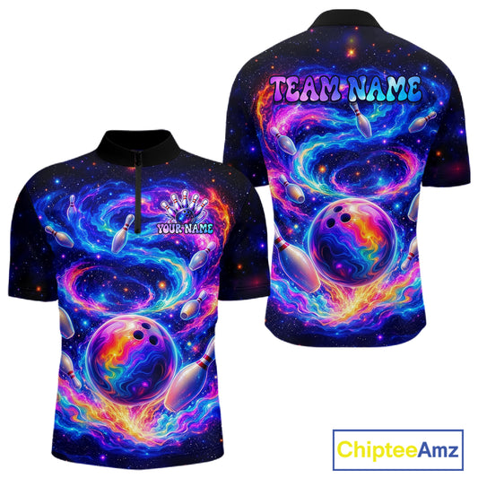 Colorful bowling-themed shirt with space design on a white background, featuring 'Team Name' and 'Your Name' text.