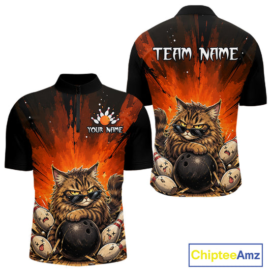 Bowling shirt with a cat design and customizable text on a white background