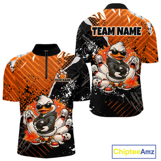 Custom Orange Funny Duck Bowling Team Shirt for Men Bowling League Jersey Polo & Quarter-Zip QZT895