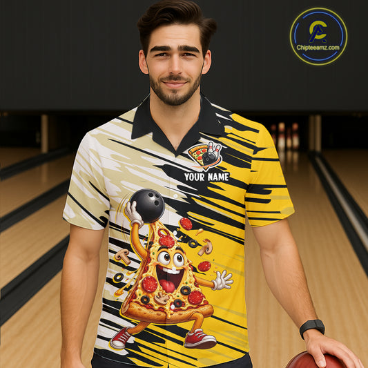 Man wearing a bowling shirt with a pizza design in a bowling alley.